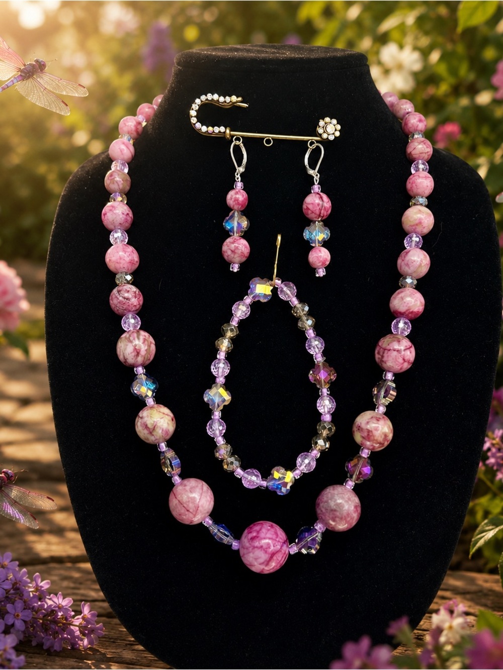 Purple Dyed Agate & Purple Crystal Beaded Necklace, Earrings & Bracelet Set